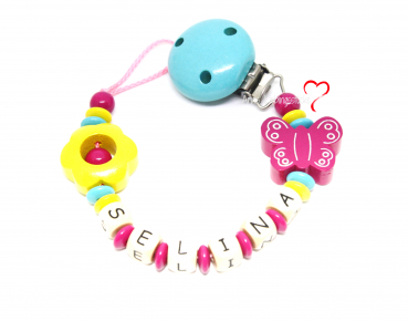 Schnullerkette mit Namen Mädchen personalisiert Schmetterlink pink mit Blume